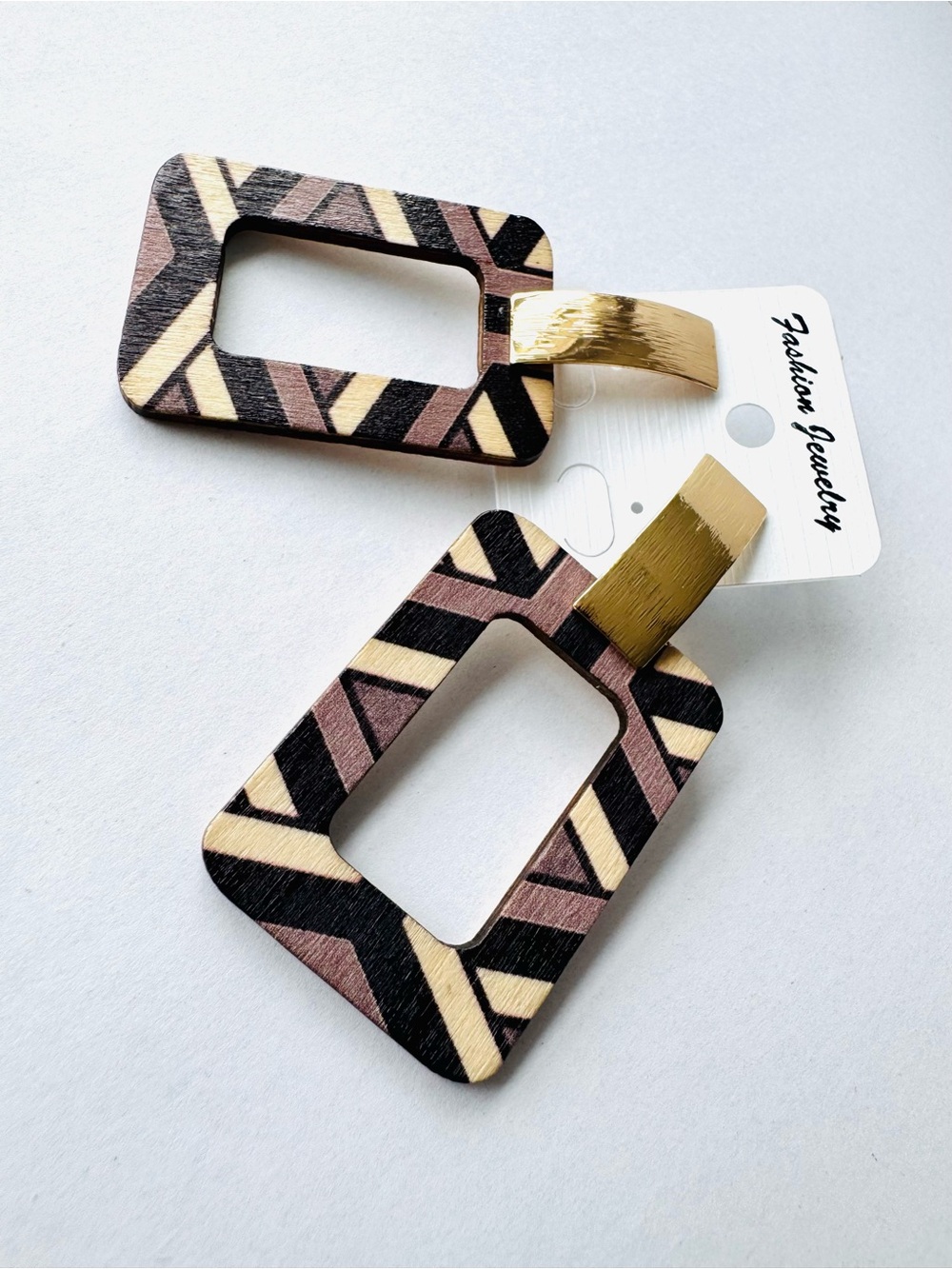 Bealls Geometric Wooden Drop Earrings - Black, Brown & Cream with gold accents